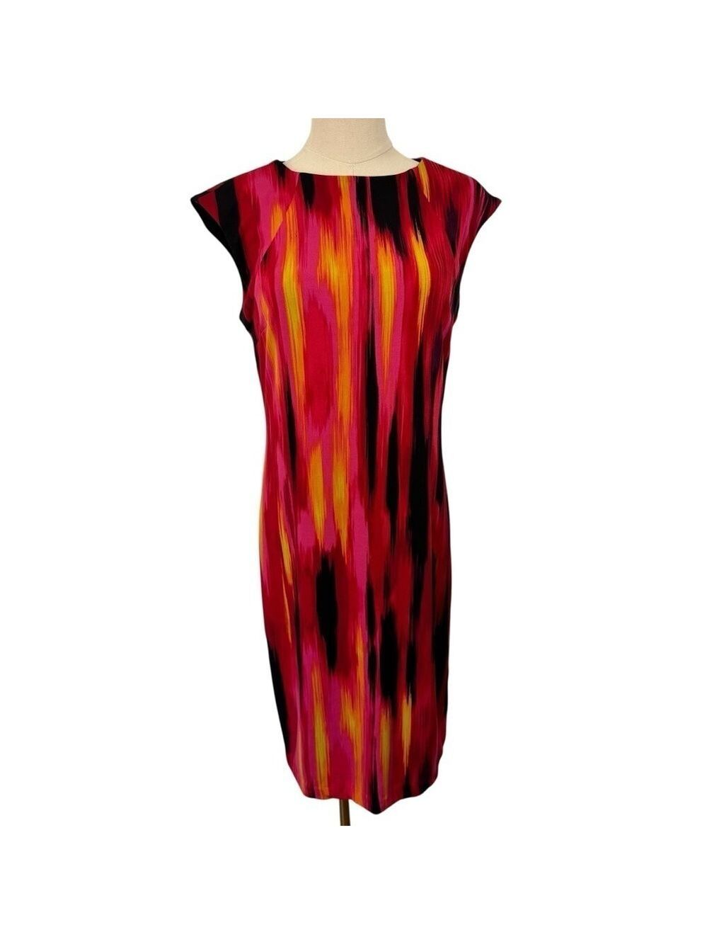Carmen Marc Valvo Sheath Cocktail Dress Sz M Bright Knee Length Cap Sleeve EUC!